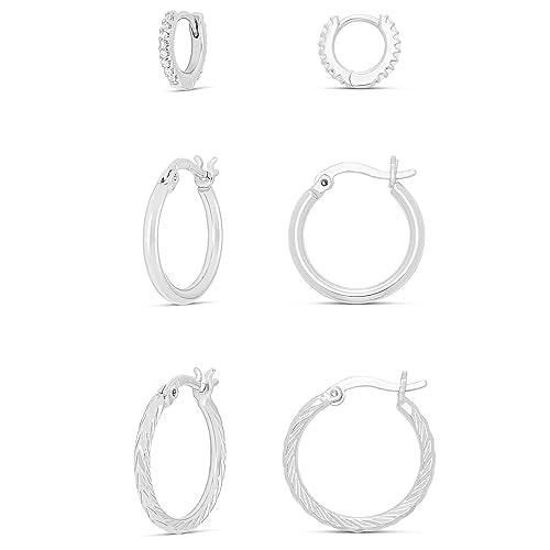 Amazon Essentials Silver Plated Cubic Zirconia Huggie, Polished Hoop and Diamond Cut Hoop Earring Set