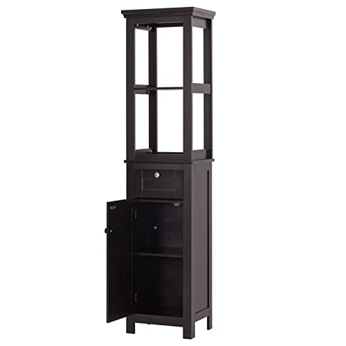 Spirich Bathroom Freestanding Storage Cabinet with Two Tier Open Shelves, Tall Slim Cabinet with Door and Drawer, Free Standing Linen Tower (Espresso)