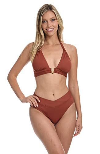 La Blanca Women's Island Goddess Over The Shoulder Halter Bikini Swimsuit Top, Cinnamon, 4