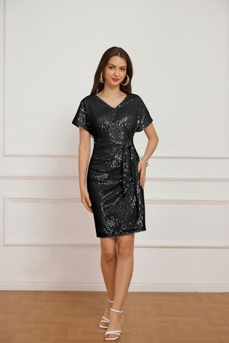 GRACE KARIN V Neck Black Sequin Dress Cocktail Dress for Women Evening Party Dress S