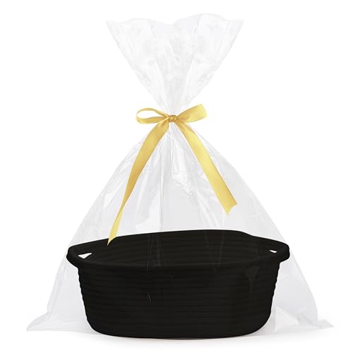 Pro Goleem Small Woven Basket with Gift Bags and Ribbons Durable Baskets for Gifts Empty Small Rope Basket for Storage 12"X 8" X 5" Baby Toy Basket with Handles, Orange