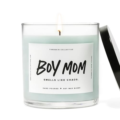 ThreeKin Scented Candles for Boy Mom, Natural Soy Wax Candles for Home, Relaxing Aromatherapy for Moms, Driftwood Essential Oils with a Hint of Chaos, Long Lasting Candle Burns for 75 Hours