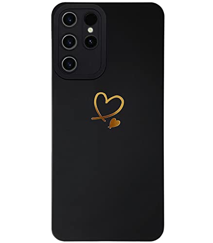 Qokey for Galaxy S23 Ultra Case 6.8 inch,Cute Bling Plated Gold Love Heart with Anti-Fall Camera Lens Cover Protection Soft Anti-Fingerprint Phone Case for Samsung Galaxy S23 Ultra 6.8" Black