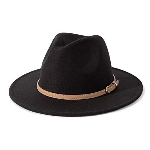 Lisianthus Women Classic Felt Fedora Wide Brim Hat with Belt Buckle Brown Belt-Black