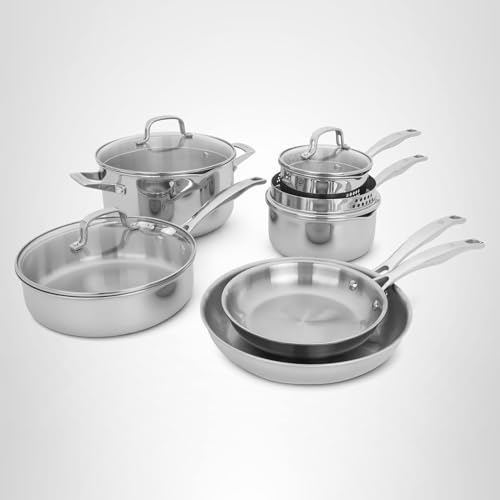 HENCKELS Clad H3 10-pc Induction Pot and Pan Set, Stainless Steel, Durable and Easy to clean