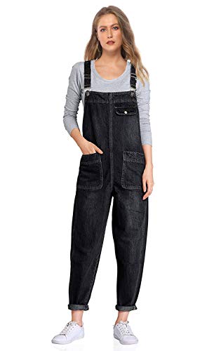 Soojun Women's Casual Baggy Denim Bib Overalls, Black, X-Small