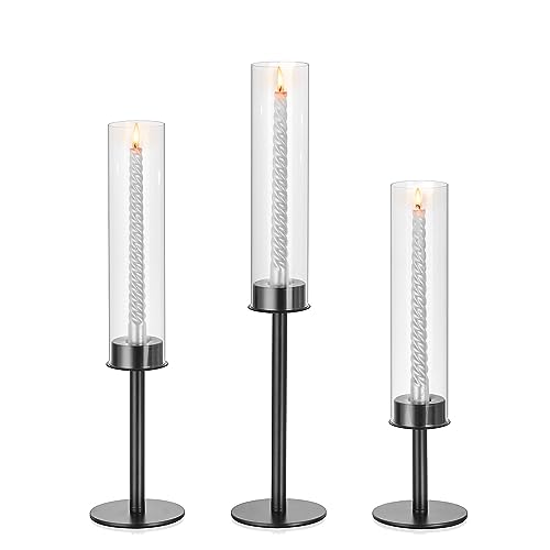 Glass Hurricane Black Candlestick Holders: Glasseam Metal Taper Candle Holders with Glass Cylinder Shade Set of 3, Modern Candle Holder for Table Centerpiece Wedding Christmas Decoration