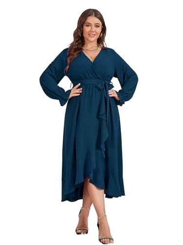 SCOMCHIC Women Plus Size Wedding Guest Maxi Dress Long Sleeve Wrap V Neck High Low Split Ruffle Cocktail Dress with Belt White