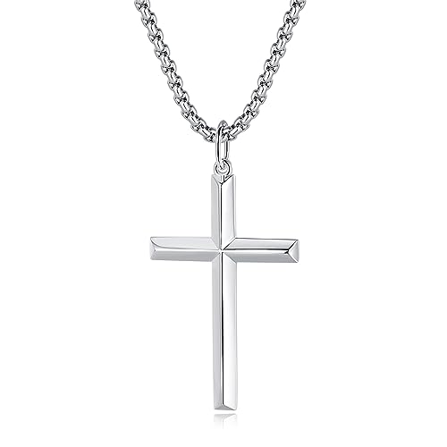 FANCIME White Gold Plated 925 Sterling Silver Edgy Gothic Cross Pendant Necklace With Steel Box Long Chain Christmas Gifts for Him Men, Women 23.6-INCH