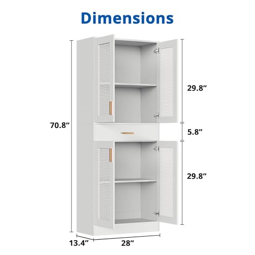 Cozy Castle Kitchen Pantry, 71" H Freestanding Rattan Pantry Cabinets with Doors, Adjustable Shelves and Drawer for Kitchen, Dining Room, Oak