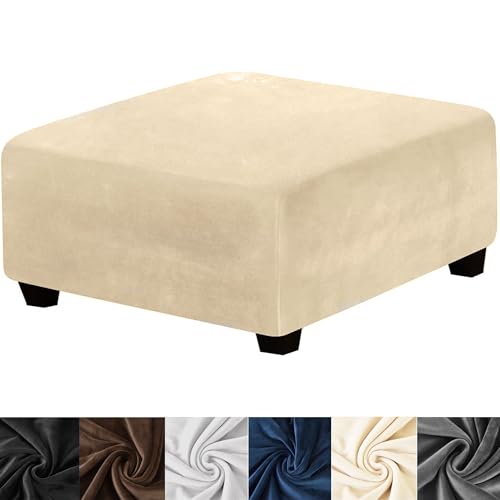 HFCNMY Ottoman Cover Square, Stretch Polyester blend Thick Ottoman Slipcover Square Washable Storage Ottoman Cover Foot Stool Cover with Elastic Bottom for Living Room Beige Medium
