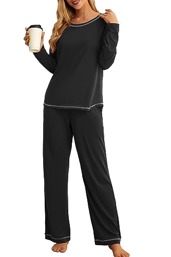 PrinStory Women's Pajama Set 2024 Lounge Sets Long Sleeve Sleepwear Soft 2 Piece Pjs with Pockets FP-Black Moon Ghost-M