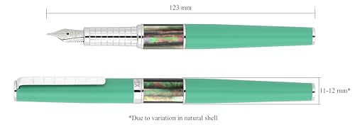 Xezo Speed Master Fountain Pen, Medium Nib, Matte Aqua Green with Tahitian Black Mother of Pearl. Chrome Plated. Lightweight Brass Body. No Two Alike