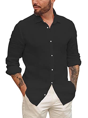 Runcati Mens Linen Casual Long Sleeve Shirt Cotton Tees Loose Fit Button Down Roll Up Summer Beach Yoga Tops (Large, Black-2)