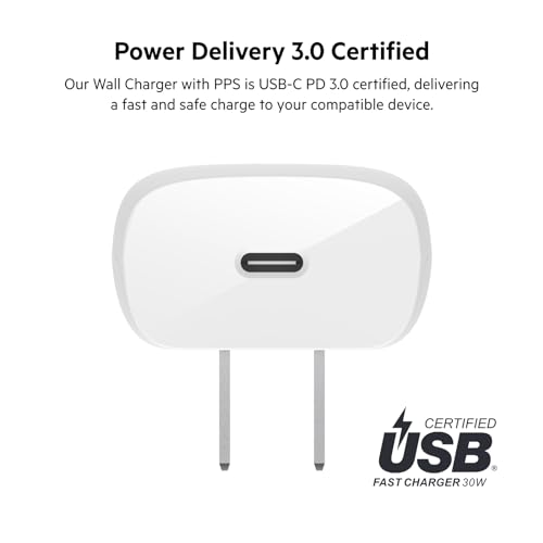 Belkin 30-Watt USB-C Wall Charger, USB-C Power Delivery, PPS Fast Charging for Apple iPhone 15, 15 Plus, 15 Pro, 15 Pro Max, iPhone 14, 14 Pro, 14 Pro Max, Galaxy S23, iPad, AirPods & More - White