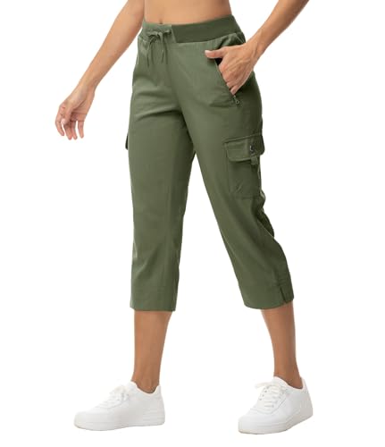 Womens Cargo Crop Pants Capris Bottoms Summer 4 Pockets Hiking Lightweight Quick Dry Athletic Joggers Army Green XS