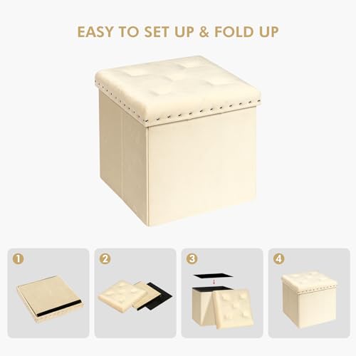 PINPLUS Beige Folding Storage Ottoman Cube, 16inch Velvet Tuffed Storage Ottoman, Foldable Foot Rest Stool with Rivet Tray, Shoes Box Toy Chest and Seat for Living Room, Bedroom