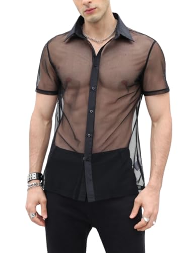 Verdusa Men's Sheer Mesh Button Up Shirt See Through Short Sleeve Top Black X-Small