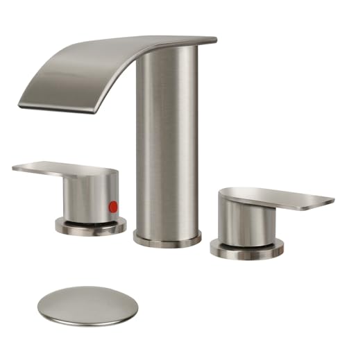 M OUDEMEI 3 Holes Waterfall Bathroom Faucet, 8 Inch Widespread Bathroom Sink Faucet, Two Handles Lavatory Vanity Sink Faucets with Pop-up Drain (Brushed Gold)