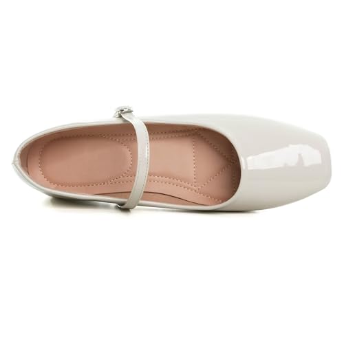 LUXINYU Mary Jane Shoes for Women Leather Flats Square Toe Adjustable Ankle Strap Ballet Dance Shoes Comfortable School Uniform Shoes,Silver 7