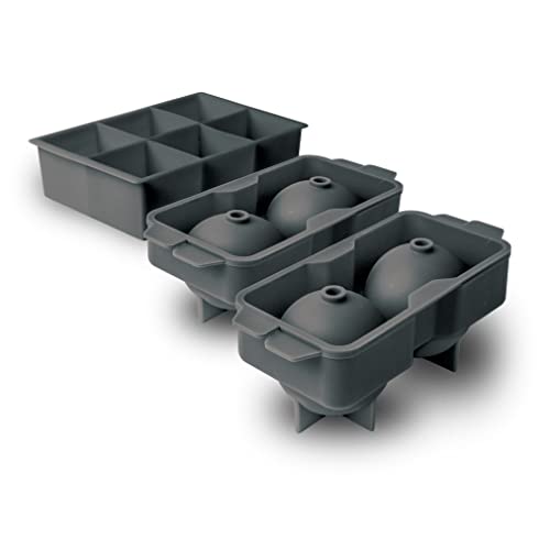 Tovolo Ice Cube Trays & Sphere Molds Easy Release Silicone 6 Large Cubes & 2 Spheres for Whiskey Cocktails and Beverages, Charcoal Gray