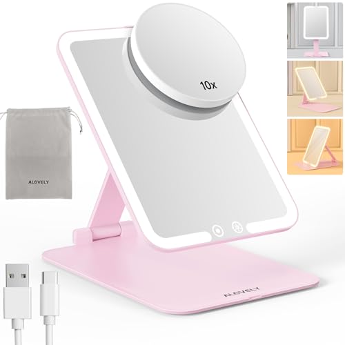 Rechargeable Travel Makeup Mirror with Light, Folding Lighted Cosmetic Vanity Mirror, Portable Lighted Beauty Mirror with Adjustable Stand, 3 Light Colors, Dimmable Touch Screen, Travel Essential