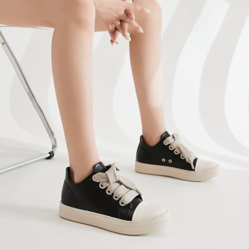 MOFEEDOUKA Womens Low Top Sneakers Thick Shoe Laces PU Leather Platform Comfort Walking Shoes Black
