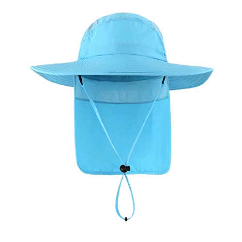 Home Prefer Mens UPF 50+ Sun Protection Cap Wide Brim Fishing Hat with Neck Flap (Sky Blue)