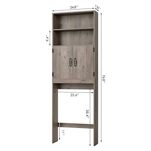 HOSTACK Over The Toilet Storage, Double Door Bathroom Organizer Toilet Cabinet, Freestanding Above Toilet Rack with Open Shelves and Adjustable Bottom Bar, 76.8 in H, White