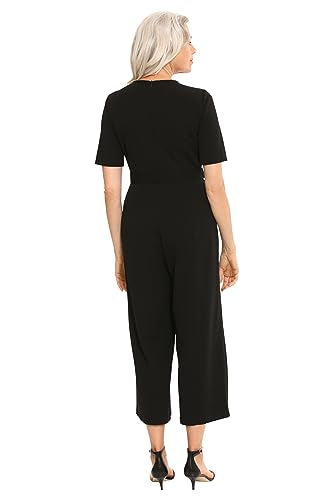 London Times Women's Leg Crew Neck Side Tab Cropped Jumpsuit Polished Versatile Chic Career, Black