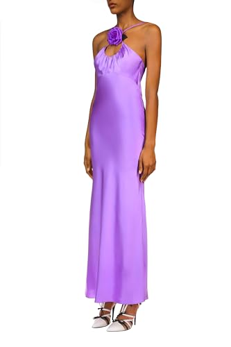 Rodarte, Purple Silk Satin Bias Dress With Ruched Bust And Silk Flower Detail, 2, Purple