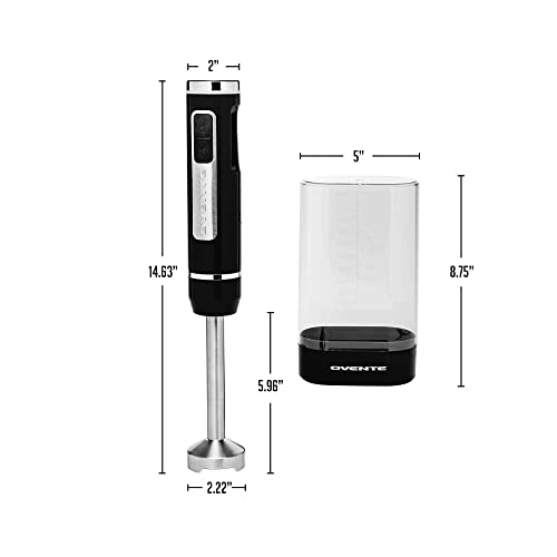 OVENTE Electric Cordless Immersion Hand Blender 200 Watt 8-Mixing Speed with Stainless Steel Blades, Heavy-Duty Portable & Rechargeable Perfect for Smoothies, Puree Baby Food & Soup, Black HR781B