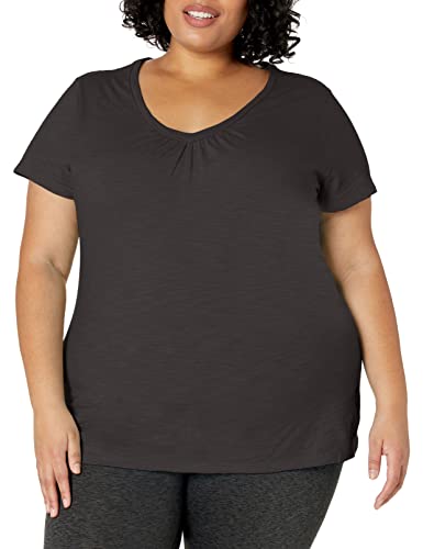 Just My Size Women's Short Sleeve Shirred V-Neck Tee, Black, 1X