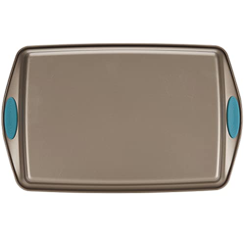Rachael Ray Cucina Nonstick Bakeware Set with Grips, Nonstick Cookie Sheet / Baking Sheet and Crisper Pan - 2 Piece, Latte Brown with Agave Blue Handle Grips