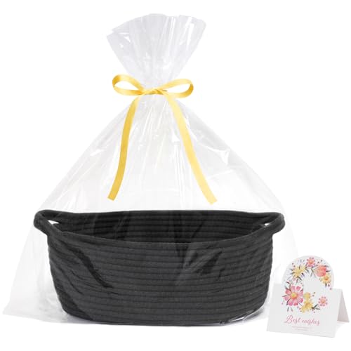 CHICVITA Black Basket Empty Gift Basket, Small Woven Basket for Organizing, Rope Basket for Storage, Decorative Basket for Dogs, Cats, Cute Basket for Shelves, 12"x 8"x 5"