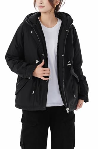 JiangWu Womens Fashion Fleece Sherpa Lined Hooded Coat Winter Thicken Warm Jacket(A-Black,Medium)