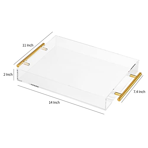 Clear Acrylic Lucite Serving Tray with Metal Handles,No Need to Assemble,11x14 Inch,Decorative Storage Organizer with Spill-Proof Design,Serving for Coffee,Breakfast,Dinner and More