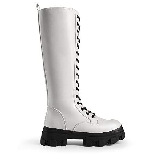 DREAM PAIRS Knee High Boots Women, Fashion Combat Boots Chunky Platform Lace Up Lug Sole Boots for Women,Size 10,White/PU,SDKB221W