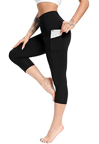 FITTOO Women's Yoga Capris Leggings with Side Pockets Workout Pants Black S