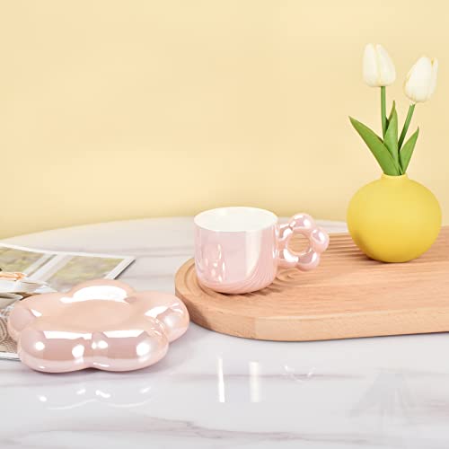 Koythin Ceramic Coffee Mug with Saucer Set, Creative Cute Cup with Flower Saucer, Novelty Cups with Flower Handle for Office and Home, 6.5oz Aesthetic Mugs for Tea Latte Milk (Pearl White)