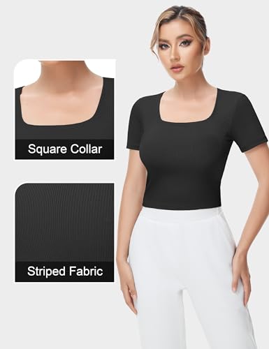 THE GYM PEOPLE Women's Workout Crop Tops Short Sleeve Ribbed Ice Silk Fabric Slim Fit Square Neck Running Shirts Black