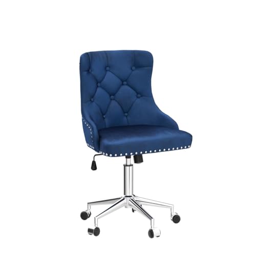 VINGLI Navy Blue Velvet Armless Home Office Desk Chair with Gold Base/Wheels, Cute Vanity/Makeup Chair with Back for Bedroom, Upholstered Adjustable Rolling Swivel Nail Chair for Women/Girls