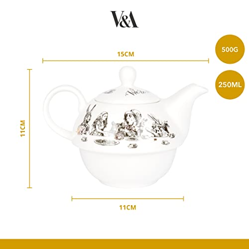 CREATIVE TOPS Tea for One Teapot and Cup Set in Gift Box, Fine China, 250 ml, Gold,white, Alice in Wonderland themed