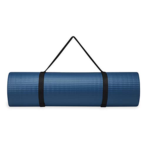 Gaiam Essentials Thick Yoga Mat Fitness & Exercise Mat with Easy-Cinch Carrier Strap, Navy, 72"L X 24"W X 2/5 Inch Thick, 10mm