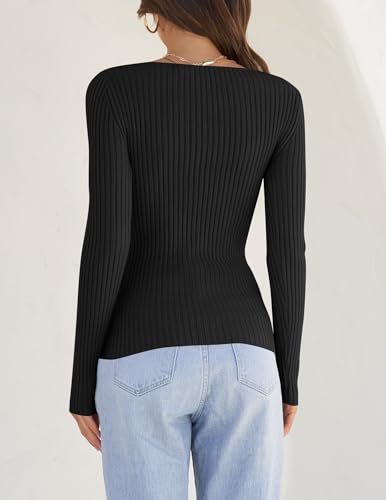 ZESICA Women's 2024 Long Sleeve Square Neck T Shirts Slim Fitted Elegant Fall Ribbed Knit Casual Tee Tops,Sky,X-Large