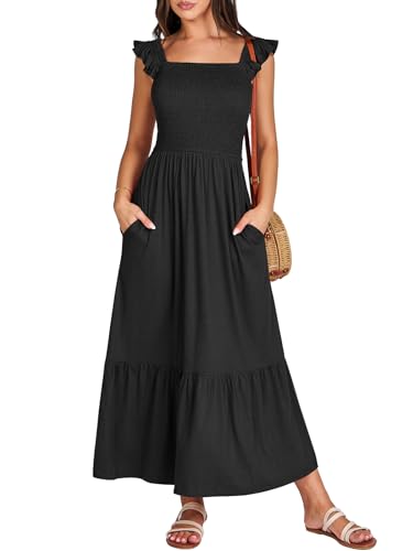 ANRABESS Womens Square Neck Maxi Dress Ruffle Sleeveless Smocked Casual Floral Summer Beach Sundress with Pockets Black White Medium