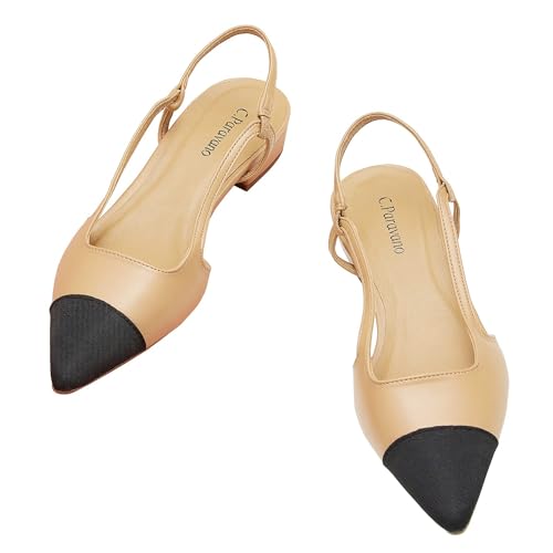 C.Paravano Women's Slingback Pumps | Pointed Toe Kitten Heels | Closed Leather Heeled Sandal | Wedding Dress Pumps Shoes (Size 11,Beige Heels)