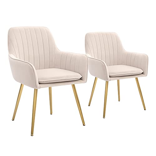 CangLong Dining Chairs Set of 2, Mid Century Modern Dining Room Chairs, Upholstered Velvet Dining Chair with Metal Legs, Vanity Chairs, Accent Chair for Kitchen, Living & Dining Room, Beige