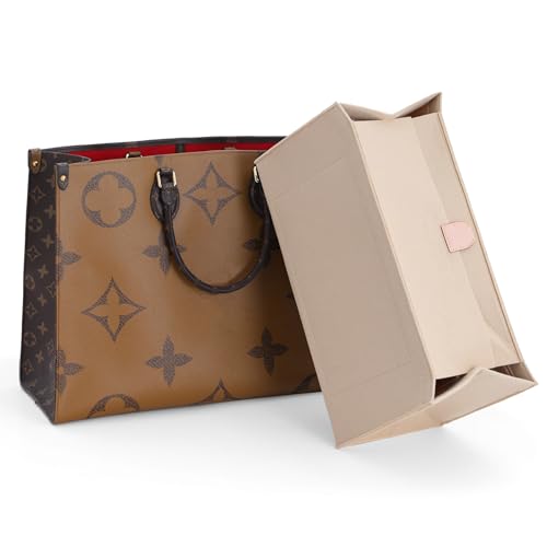 Doxo Purse Organizer Insert, Felt Bag in Bag with Zipper, Perfect for L ONTHEGO MM 35 & Small D Book Tote Medium(Beige-With Cover, L)