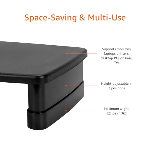 Amazon Basics Height Adjustable Rectangular Computer Monitor Riser Desk Stand with Storage for Reduced Neck Strain - Fits Monitors, Laptops Up to 22lbs, Black